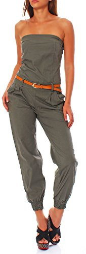 malito Damen Einteiler in Uni Farben | Overall mit Gürtel | langer Jumpsuit - Romper - Hosenanzug 1585 (oliv, L)