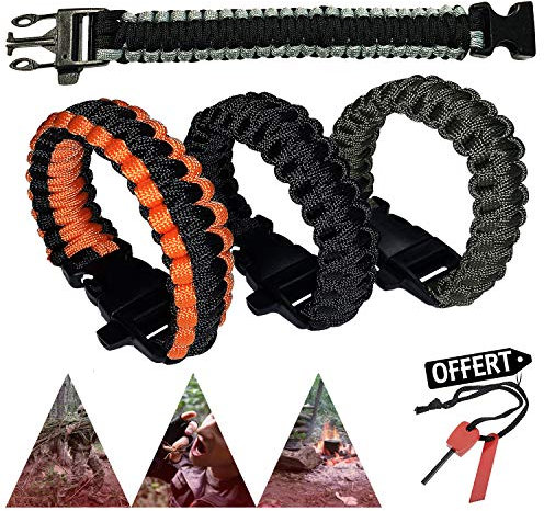 LOT 4 Bracelets TRESSÉE avec SIFFLET PARACORDE | Bracelet TRÈS Pratique | IDÉAL Survie RANDONNÉE Camping Plein AIR Urgence | + Pierre A FEU Offert