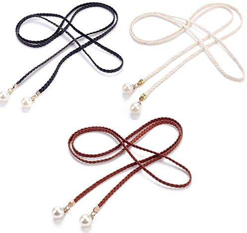 PPX 3 Stück Damen Kunstleder Geflochten Fashion Schmal Taillengürtel mit Perle Anhänger Dekoration,Schwarz Weiß Braun