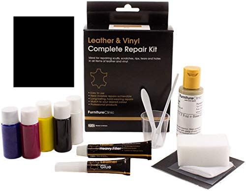Furniture Clinic – Komplettes Lederfarbe und Reparatur Set - für Kratzer Abschürfungen Risse Brüche Ausbleichungen – Für Leder Autositze, Sofas, Bekleidung, Schuhe und Taschen (Schwarz)