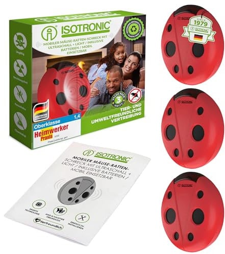 ISOTRONIC Mouse Repellent Ultrasonic Rat and Mouse Repeller Mobile Mouse Repeller with LED Orientation Light and Volume Control Pack of 3