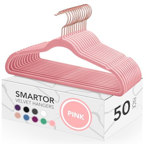 Smartor Lot de 50 cintres en velours rose antidérapants en velours or rose, cintres floqués très résistants pour manteaux, costumes – Cintres robustes en velours – Rose