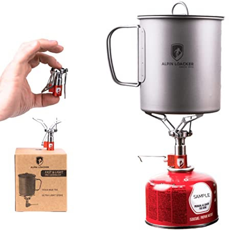 ALPIN LOACKER Réchaud camping à gaz - Extrêmement léger - Réchaud à gaz de camping pliable - Avec casserole en titane 750 ml