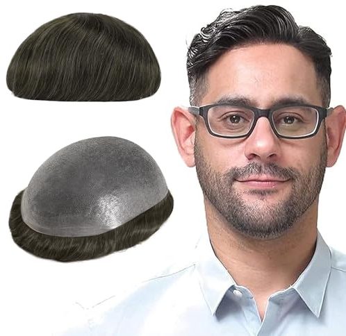 Lordhair Toupet Echthaar Männer,Perücke Männer,0,08 mm Dünnes Haut Haarteil Basisgröße,20 x 25 CM Leichtes Mittlerer Dichte Haarersatzsystem