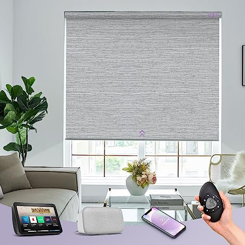 Graywind Customized Smart Roller Blinds Blackout, Textured Fabric Electric Windows Blinds Compatible with Alexa Google, Rechargeable Motorised Roller Shades with Remote, Jacquard Grey