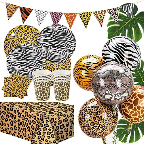 60 Stk. Safari Geburtstagsdeko Pappteller, Safari Servietten, 4D Folienballons Waldtiere Pappbecher, Tischdeko, Girlande, Kindergeburtstag Dekoration Dschungel Deko Leoparden Partygeschirr
