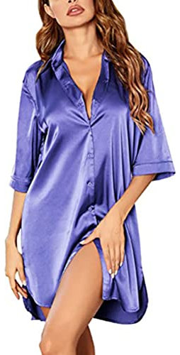 ORANDESIGNE Chemise de Nuit pour Femmes à Manches Courtes Chemise de Nuit Décontractée Boutonnée Chemise de Nuit Courte en Satin Manches 3/4 Col en V Profond Robe de Nuit A Violet XXL