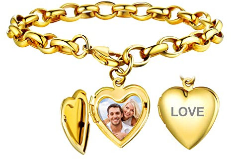 Bandmax Damen Herren Chunky Ankerkette mit Herz Charms 18k vergoldet Gliederarmband mit Foto Medaillon verstellbarer Armband Armschmuck für Geburtstag Weihnachten