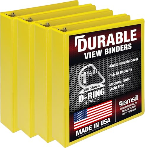 Samsill Durable 1.5 inch 3 Ring Binder, Made in USA, D Ring Binder, FSC 100% Recycled Chipboard, Yellow, 4 Pack