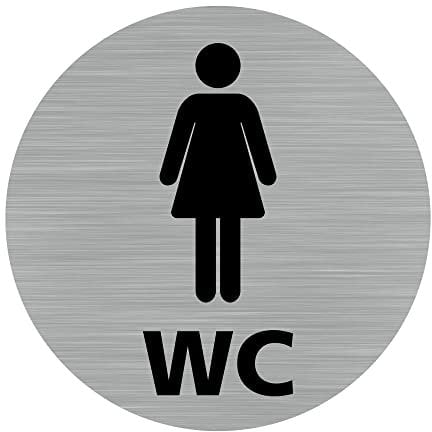 Pictogramme WC Femmes (Q0419). Autocollant Souple Effet alu brossé ou Plaque de Porte alu brossé EP 2mm au Choix - Diamètre 83 mm - Adhésif Aspect Aluminium brossé - Adhésif Aspect Aluminium brossé -