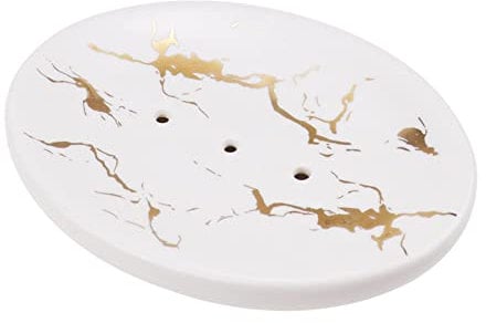 DAGORD Porte-Savon Ovale en Céramique Blanche avec Égouttoir - Effet Marbre Élégant pour Douche, Cuisine, Salle de Bains, Lavabo - Crème Blanche