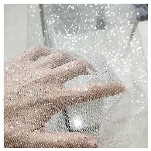 SHTGOI Glitzernder Stoff 1Yard * 150 cm Tüllstoff Meterware Tüll Spitze Stoff Netzstoff Glitzer Garn Tüll Deko Stoffe für DIY Handgemachte Hochzeitskleid Fotografie Hintergrund Weiss