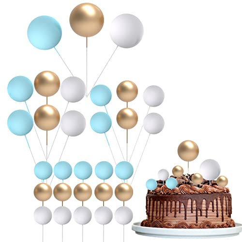 30 Pcs Mini Balloon Cake Topper, Blue and Gold Foam Balls Cake Decorations, DIY Foam Ball Pearl Ball Cupcake Topper for Baby Shower Wedding Anniversary Birthday Party (White&Gold&Blue)