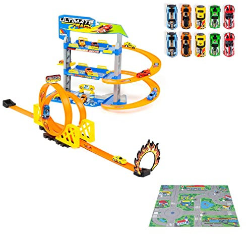 MOLTO | Parcheggio 3 piani con doppio looping e accessori + 10 auto incluse + arazzo | Parco auto giocattolo | Giocattoli educativi per bambini | Dai 3 anni in su