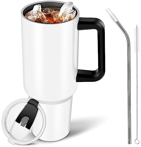 FOYOCER Mug Isotherme Cafe avec Poignée et Paille 1,1L Gobelet de Voyage Acier Inoxydable Thermos Cafés Tasse à Café avec Couvercle étanche et Brosse Tube Sans BPA Cadeaux pour Femmes Hommes (Blanc)
