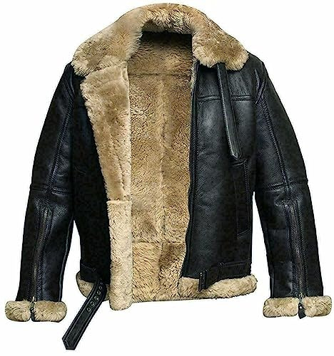 Raf Fliegerlederjacke für Herren, echtes Lammfell, B3, Bomberjacke, fliegender Wintermantel, WW2, Schwarz und Braun, Schwarz , L