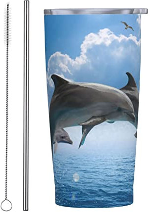 BOHHO Bicchieri isolati da 20 once Tazza da viaggio con coperchio e cannuccia Delfino che salta fuori dal mare Bicchiere per auto Tazza da caffè da viaggio riutilizzabile