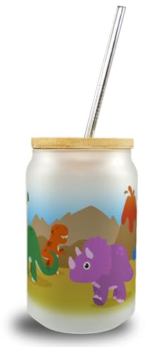 speecheese Trinkglas mit Bambusdeckel Dino mit Bambusdeckel mit bunten | Dinosauriern ein verspieltes Trinkgefäß für Kinder Kindergeburtstag prähistorisch Dinos Dinosaurier praktisch Esszimmer