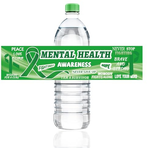 WANDIC 50Pcs Water Bottle Green Ribbon Mental Health Stickers Mental Health Awareness Cup Wrap Stickers Green Ribbon Water Bottle Labels Souvenir Adhesive Labels for Charity Event
