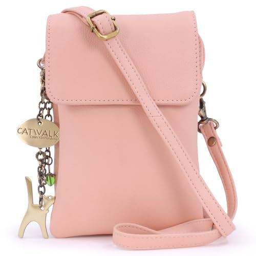 Catwalk Collection Handbags - Damen Leder Umhängetasche - Crossbody Bag Handytasche Klein - Verstellbarer Abnehmbarer Gurt - BILLIE - Rosa