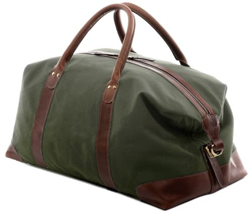 SID & VAIN Weekender Lennox - Vintage Reisetasche XL aus Canvas mit Leder I Sporttasche Herren, Damen erweiterbar groß Khaki-Grün