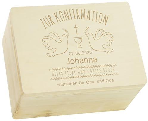 LAUBLUST Holzkiste zur Konfirmation - Geschenkkiste Personalisiert mit Gravur - Tauben Motiv | Personalisiertes Konfirmationsgeschenk mit Name & Datum, FSC® (Natur, ca. 40 x 30 x 24 cm | XL)