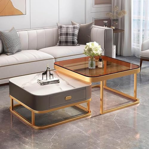 Gold Set Of 2 Square Glass Coffee Tables With Metal Frame - Modern Design For Living Room, Office, Bedroom - Easy Assembly Storage Coffee Table