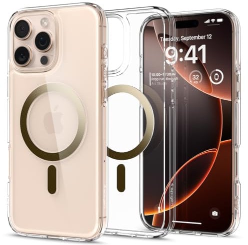 Spigen für iPhone 16 Pro Max Hülle [Anti-Yellowing] Ultra Hybrid MagFit Case Handyhülle Transparent Dünn Slim Kompatibel mit MagSafe -Gold