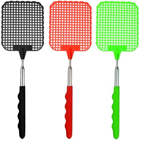 iwiio Fly Swatter, Extendable Fly Swat, Plastic Fly Squatters, Fly Zapper Racket, 3 Vibrant Colorful Fly Swatters Plastic Fly Killer, Long Handle Bug Swatter for Indoor and Outdoor