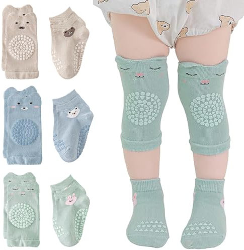 Cinsersr Rodilleras Bebé Gateo, 3 Pares Rodilleras y Calcetines Antideslizantes para Bebé, Rodilleras Bebé Gateo, Rodilleras Gateo, Juego de Rodilleras Bebé, para Bebés de 0 a 24 Meses
