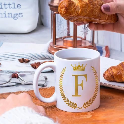 Tazza da caffè con lettera F V, 325 ml, dalla A alla Z, con monogramma con 26 lettere, idea regalo per lei, in ceramica, colore bianco