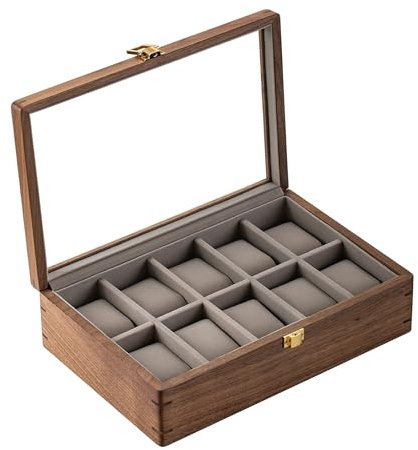 muso wood holz Uhrenbox mit 10 Fächern - Uhrenkasten aus luxuriös massives nordamerikanisches Walnussholz, Uhrenaufbewahrung mit Glasfenster Metallverschluss Watch Box 30.6 * 20.5 * 8.5cm