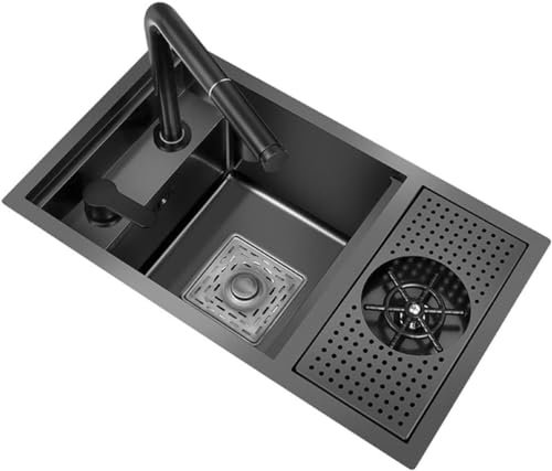 Fregadero Oculto para Bar de Restaurante de un Seno Fregadero de Cocina con Lavador de Vidrio Mini Fregadero de Acero Inoxidable de un Seno Fregadero Vegetal Multifuncional,Negro,58 * 26 * 22cm