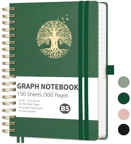 RETTACY B5 Notebook-Graph Grid Wirebound Journal,Digital Exercise Books,Note Pad for Women Men Work Office School,with Bookmark,Sticky Notes,Note Taking 19 x 25 cm - DarkGreen