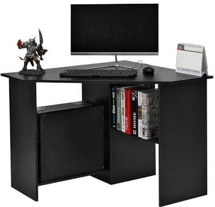 Panana Modern Corner Computer Desk Study Writing Table PC Laptop Desk Home Office Desk with Shelves Storage, for Small Space Workstation, 90 x 90 x 72.5cm (Black)