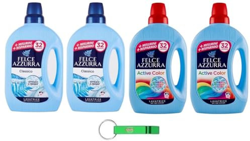 4 confezioni di test Felce Azzurra Lavatrice Classico + Active Color,Liquido Detersivo liquido per lavatrice Efficace a freddo, 32 lavaggi 1595 ml + portachiavi Beni Culinari