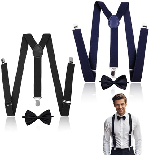PMELCXD Hosenträger Breit mit Fliege im Set,2 Hosenträger für Herren,Hosenträger Mit Fliege Set,Hochwertige Hosenträger Herren Extra Stark–Schwarze Hosenträge,Ideal für Partys und Veranstaltungen