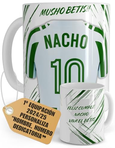 Taza Personalizadas Fútbol Betis Nombre Número Y Dedicatoria Equipaciones 24/25 Cerámica, Regalo Original Para Aficionados Beticos Apta Microondas Lavavajillas Té Café (BETIS)