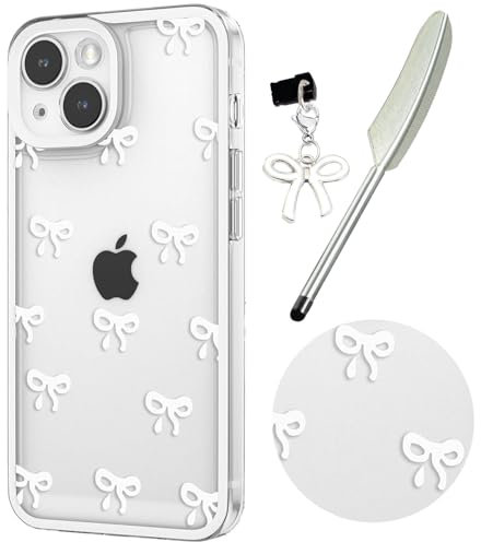 Knoowcase Case for iPhone 13, Cute Bowknot Pattern Clear Soft TPU Shockproof Phone Case for Women Girls, Slim Fit Silicone Bumper Shell Drop-Protection Transparent Cover for iPhone 13,White