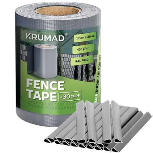 KRUMAD Sichtschutzstreifen Zaun, 19 cm x 35 m, UV-beständiges PVC, Wetterfest, für Doppelstabmattenzaun & Balkongeländer, 450 g/m², inkl. 30 Befestigungsclips, Hellgrau