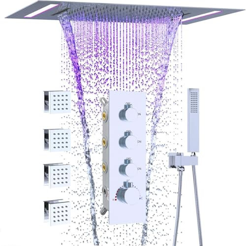 Delnet Thermostatic Rain Shower System, Shower Set with 14x20inch(35.6x50.8 cm) Ceiling LED Shower Head-2 Modes, 4 Body Jets, Can be Turned on simultaneously, Chrome