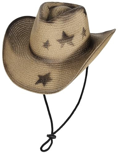 GEMVIE Straw Cowboy Hats for Women Mens Summer Straw Hat Stars Pattern Shapeable Brim Cowgirl Hat for Outdoor with Chin Strap Brown