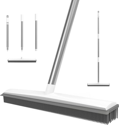 Rubber Broom with 120cm Adjustable Stainless Steels Handle, 2 in 1 Soft Rubber Sweeping Brush, Pet Hair Removal Brush, No Scratch Floor Scrubing Brushes for Pet Cat Dog Hair Carpet Kitchen Garden