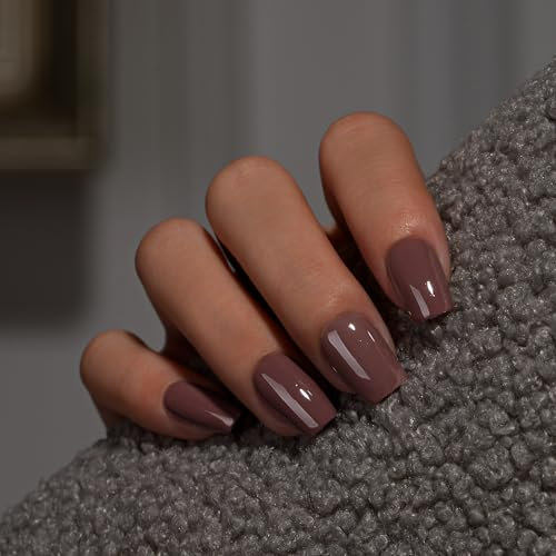 KQueenest Dark Brown Press on Nails Short Medium Square, Short False Nails with Glue, Glossy Solid Chocolate Coffee Brown Fake Nails Press ons, Coffin Reusable Soft Gel Stick on Nail for Women 28 Pcs