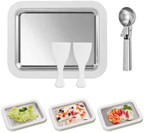 XSQD Pequeña Máquina Helados Casera, Helado Rollo DIY, Bandeja Yogur Congelado Acero Inoxidable, Máquina de Helados Rollados, Herramienta Elaboración Postres Hogar (Con 2 Espátulas y 1 Cuchara Helado)