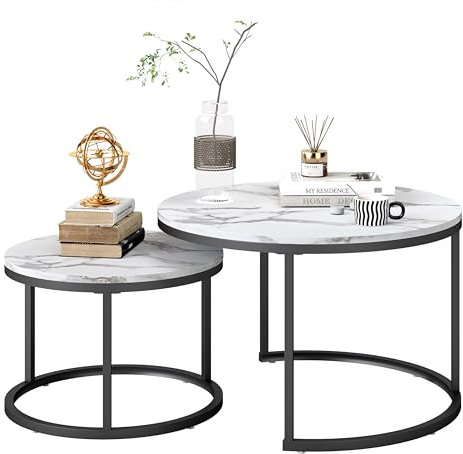hitsuki Moderne Couchtisch 2er Set, Marmor-Optik Wohnzimmertisch Rund, Sofatisch im Luxuriösen Stil, Coffee Table mit Schwarzem Metallrahmen