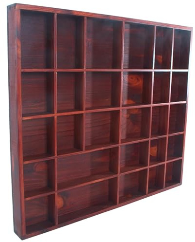 WooDeeDoo Wooden 28 Compartments Display Trinkets Shelf - Hand-Stained - Mahogany - Gloss - Curio Wall Shadow Box Souvenir Tiny Figurines Rack Crystals Case - 45 x 40 x 3.5 cm