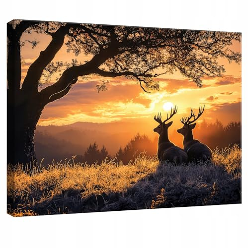WallArena Leinwand Bilder Landschaft Hirsch 120x80 cm | Leinwandbilder, Bild auf leinwand, Wandbild XXL groß Wandbilder für Wohnzimmer Schlafzimmer Wohnzimmerbilder Modern