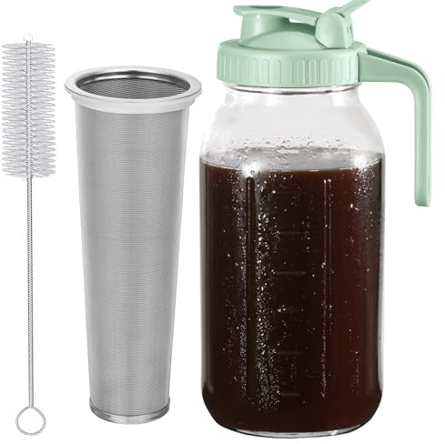 Glyntrof Cold Brew Coffee Maker Pitcher, Green 64 Oz Heavy Duty Wide Mouth Glass Mason Jar pour spout Lid with Stainless Steel Filter for Iced Coffee, Ice Drinks