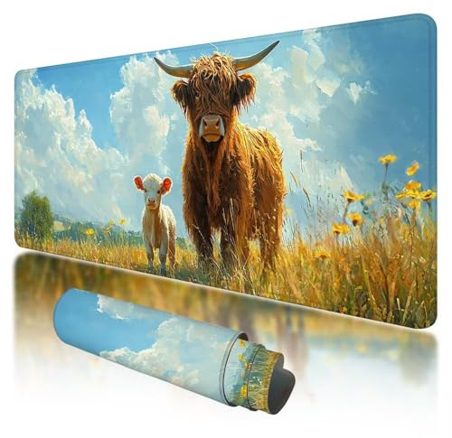 Mauspad XXL, 800 x 300 mm Gaming Mauspad Tier, Gaming Mousepad Groß mit rutschfeste Gummibasis, XXL Mousepad Hochlandrind Wasserdicht und rutschfeste, Großes Schreibtischunterlage für Office, G-19